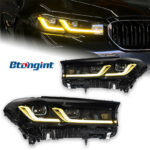 Headlight Assembly for BMW 5 Series G30 2018-2020, Retrofit Full Black Bi-Xenon Dual Beam Lens Headlamp with LED Turn Signal