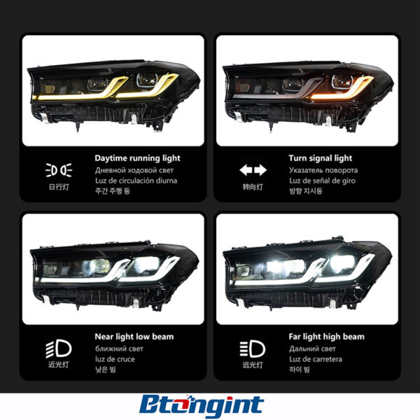 Headlight Assembly for BMW 5 Series G30 2018-2020, Retrofit Full Black Bi-Xenon Dual Beam Lens Headlamp with LED Turn Signal