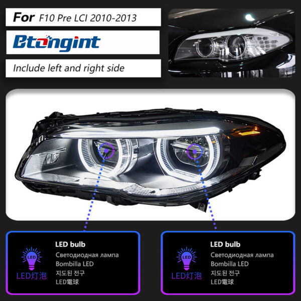 Headlight Assembly for BMW 5 Series F10, Upgrade New Style LED Lens Headlamp with Angel Eyes & Spoon LED Daytime Running Light.