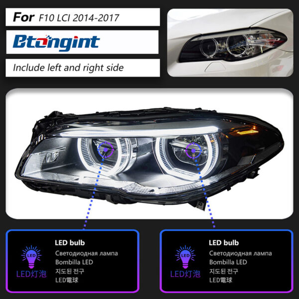 Headlight Assembly for BMW 5 Series F10, Upgrade New Style LED Lens Headlamp with Angel Eyes & Spoon LED Daytime Running Light.