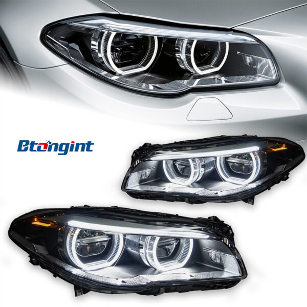 Headlight Assembly for BMW 5 Series F10, Upgrade New Style LED Lens Headlamp with Angel Eyes & Spoon LED Daytime Running Light.
