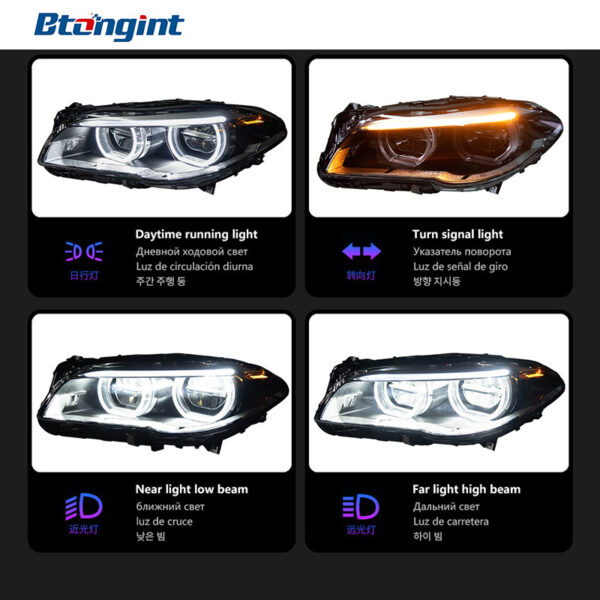 Headlight Assembly for BMW 5 Series F10, Upgrade New Style LED Lens Headlamp with Angel Eyes & Spoon LED Daytime Running Light.