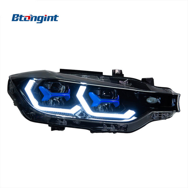 For BMW 3 Series F30 Retrofit Blue Scoop Style Headlamp Assembly, LED Dual Projector Lens, Sequential Flowing Turn Light.