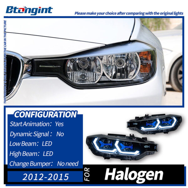 For BMW 3 Series F30 Retrofit Blue Scoop Style Headlamp Assembly, LED Dual Projector Lens, Sequential Flowing Turn Light.