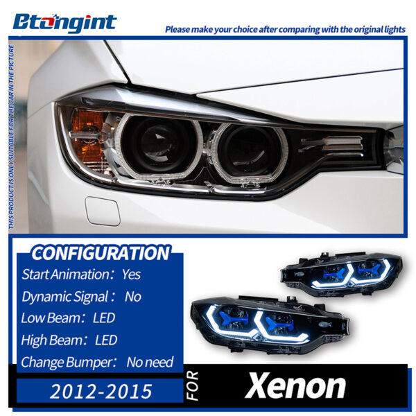 For BMW 3 Series F30 Retrofit Blue Scoop Style Headlamp Assembly, LED Dual Projector Lens, Sequential Flowing Turn Light.