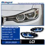 For BMW 3 Series F30 Retrofit Blue Scoop Style Headlamp Assembly, LED Dual Projector Lens, Sequential Flowing Turn Light.