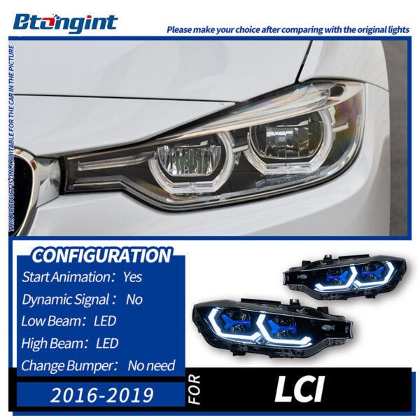 For BMW 3 Series F30 Retrofit Blue Scoop Style Headlamp Assembly, LED Dual Projector Lens, Sequential Flowing Turn Light.