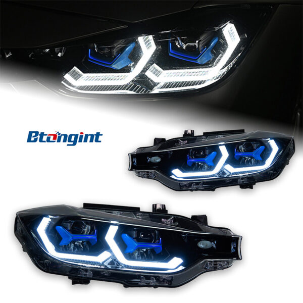 For BMW 3 Series F30 Retrofit Blue Scoop Style Headlamp Assembly, LED Dual Projector Lens, Sequential Flowing Turn Light.