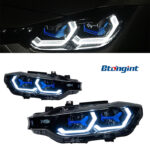 For BMW 3 Series F30 Retrofit Blue Scoop Style Headlamp Assembly, LED Dual Projector Lens, Sequential Flowing Turn Light.