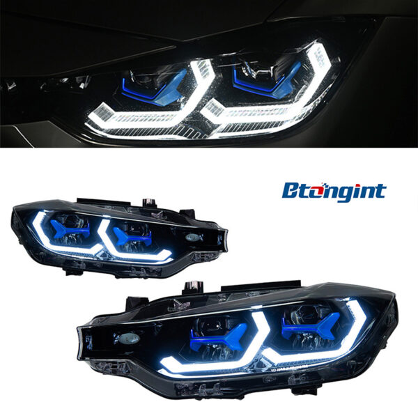For BMW 3 Series F30 Retrofit Blue Scoop Style Headlamp Assembly, LED Dual Projector Lens, Sequential Flowing Turn Light.