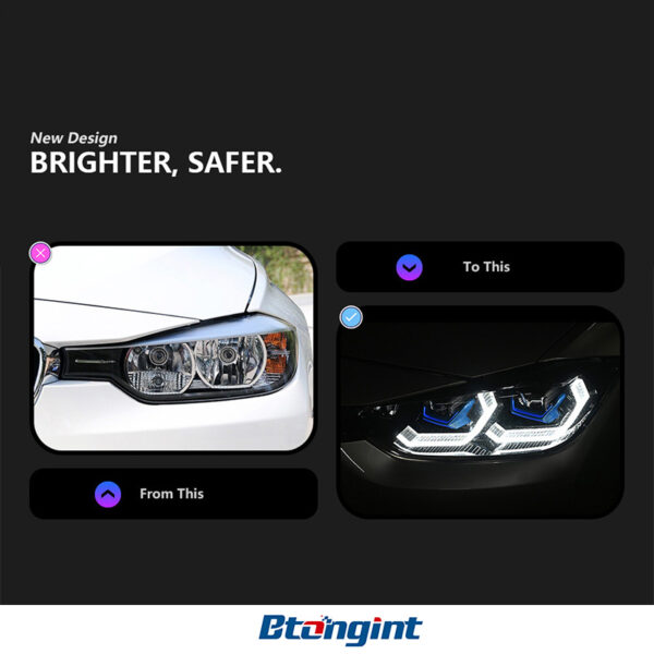 For BMW 3 Series F30 Retrofit Blue Scoop Style Headlamp Assembly, LED Dual Projector Lens, Sequential Flowing Turn Light.
