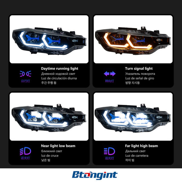 For BMW 3 Series F30 Retrofit Blue Scoop Style Headlamp Assembly, LED Dual Projector Lens, Sequential Flowing Turn Light.