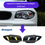 LED Headlight Assembly For BMW 1 Series E87 2004-2011, Modified Fang Style Dual Color DRL With Projector Lens.