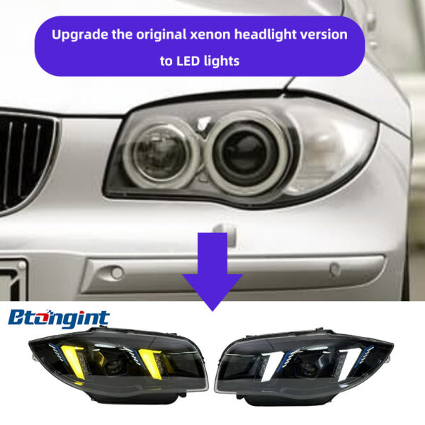 LED Headlight Assembly For BMW 1 Series E87 2004-2011, Modified Fang Style Dual Color DRL With Projector Lens.
