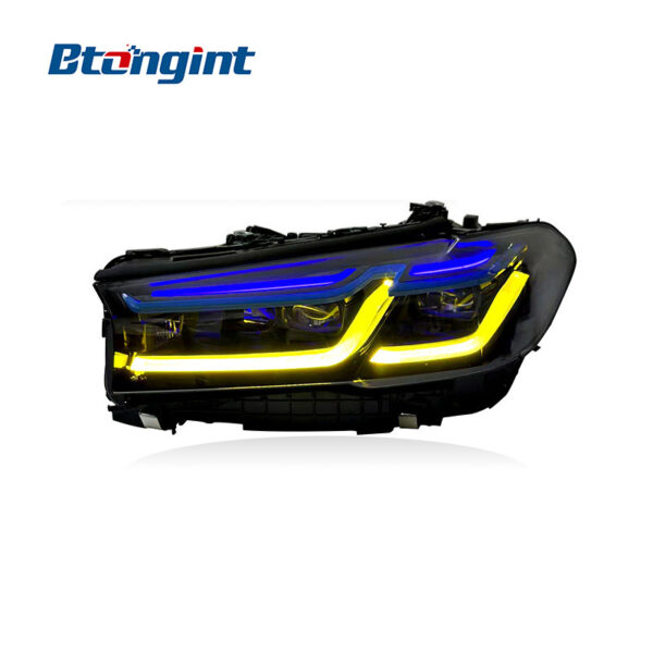 High Spec Laser Headlights Assembly Compatible with BMW 5 Series G30 G38 2018-2022, Dual Color DRL Black Blue Eyebrow Sequential Turn Signal.