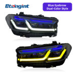High Spec Laser Headlights Assembly Compatible with BMW 5 Series G30 G38 2018-2022, Dual Color DRL Black Blue Eyebrow Sequential Turn Signal.