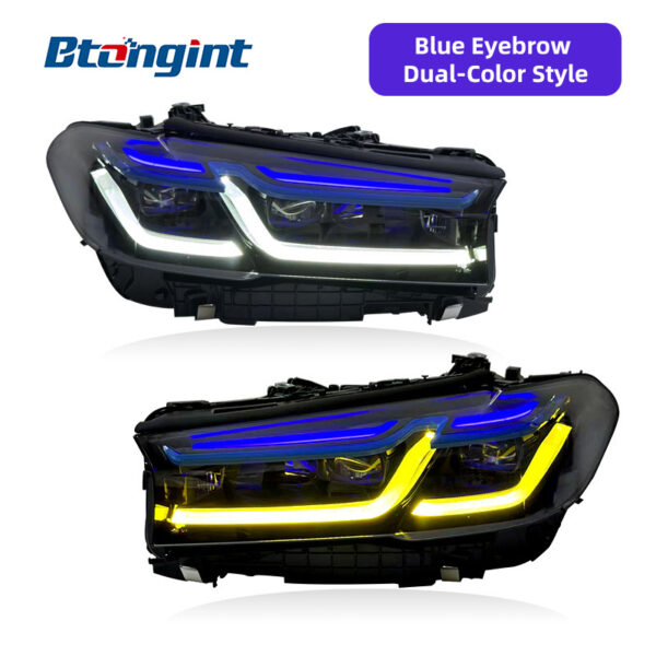 High Spec Laser Headlights Assembly Compatible with BMW 5 Series G30 G38 2018-2022, Dual Color DRL Black Blue Eyebrow Sequential Turn Signal.