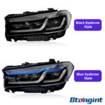 High Spec Laser Headlights Assembly Compatible with BMW 5 Series G30 G38 2018-2022, Dual Color DRL Black Blue Eyebrow Sequential Turn Signal.