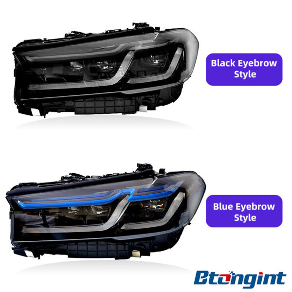 High Spec Laser Headlights Assembly Compatible with BMW 5 Series G30 G38 2018-2022, Dual Color DRL Black Blue Eyebrow Sequential Turn Signal.