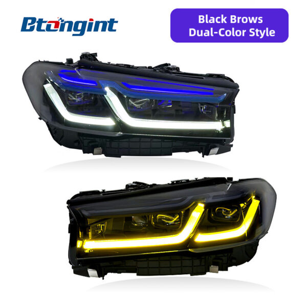High Spec Laser Headlights Assembly Compatible with BMW 5 Series G30 G38 2018-2022, Dual Color DRL Black Blue Eyebrow Sequential Turn Signal.