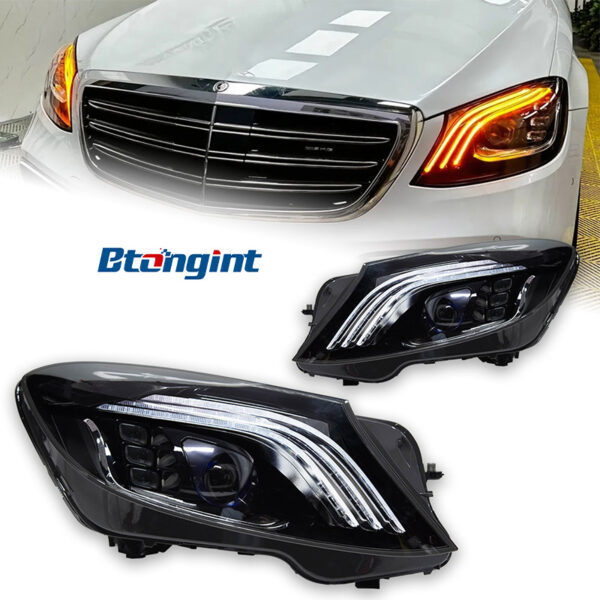 For Mercedes‑Benz S‑Class W222 2014‑2017, Modified Maybach‑Style Headlight Assembly, Upgraded LED Projector Headlamp with LED Daytime Running Lights, Aftermarket Auto Replacement & Tuning Accessories