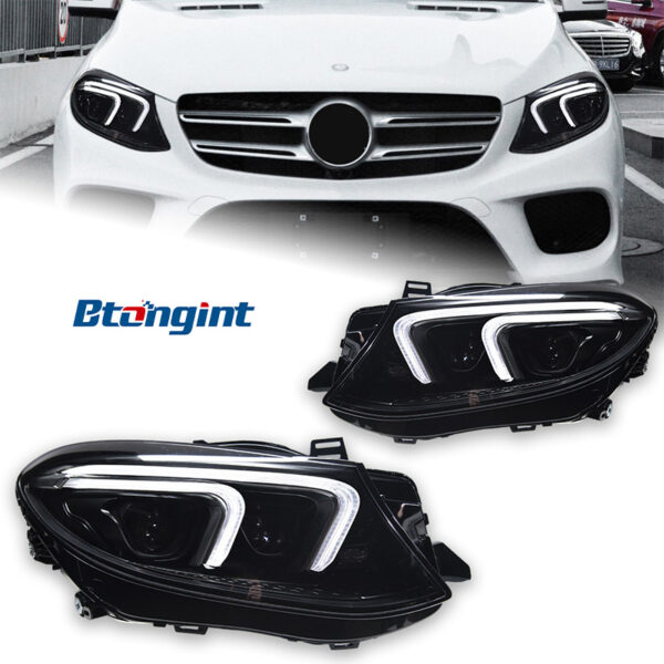 电商/产品标题可译为：  Headlight Assembly for 2015–2019 Mercedes-Benz GLE W166 – Retrofit New-Style LED DRL, Sequential/Flow Turn Signal, Projector Lens