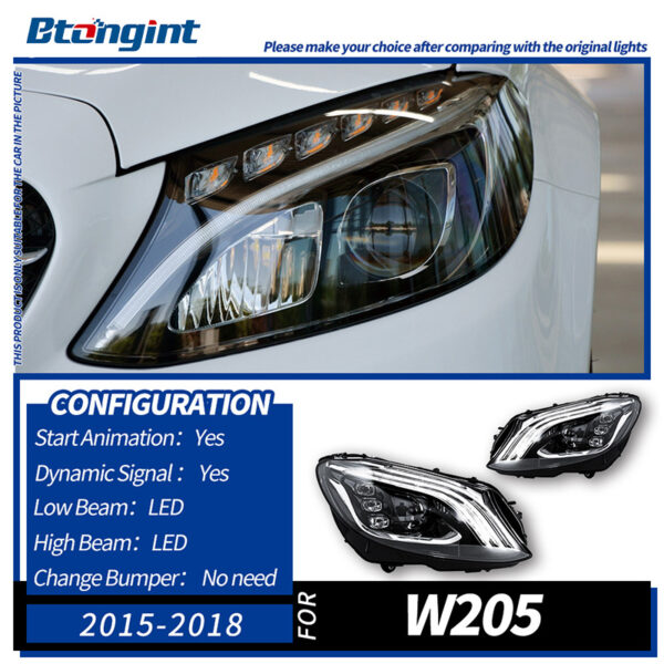For 2015–2021 Mercedes-Benz C-Class W205 Headlight Assembly – Maybach-Style 3-Bar LED DRL with Projector Lens