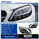 For 2015–2021 Mercedes-Benz C-Class W205 Headlight Assembly – Maybach-Style 3-Bar LED DRL with Projector Lens
