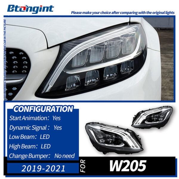 For 2015–2021 Mercedes-Benz C-Class W205 Headlight Assembly – Maybach-Style 3-Bar LED DRL with Projector Lens