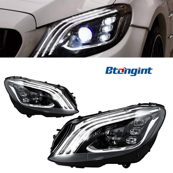 For 2015–2021 Mercedes-Benz C-Class W205 Headlight Assembly – Maybach-Style 3-Bar LED DRL with Projector Lens