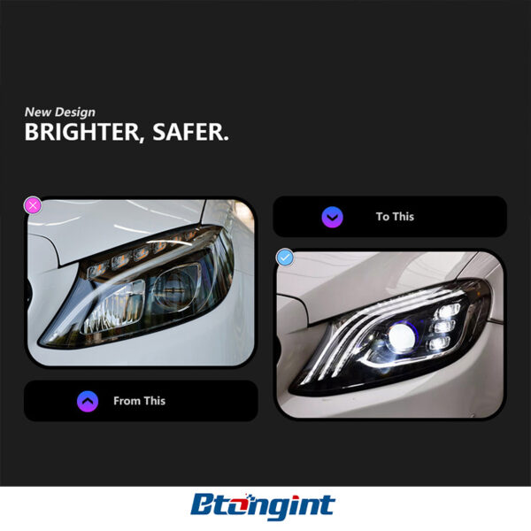 For 2015–2021 Mercedes-Benz C-Class W205 Headlight Assembly – Maybach-Style 3-Bar LED DRL with Projector Lens